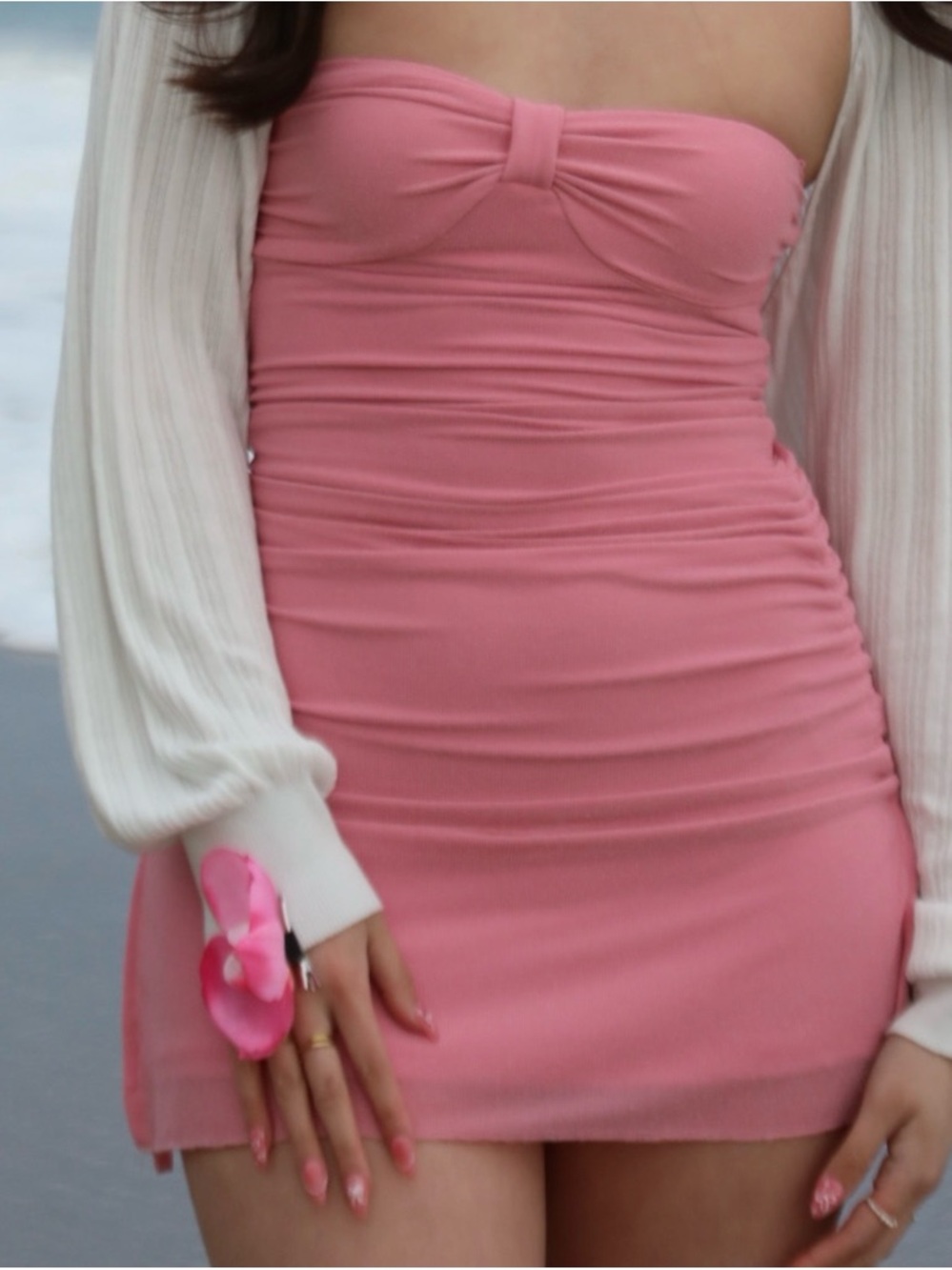Strapless Pink Ruched Bodycon Dress